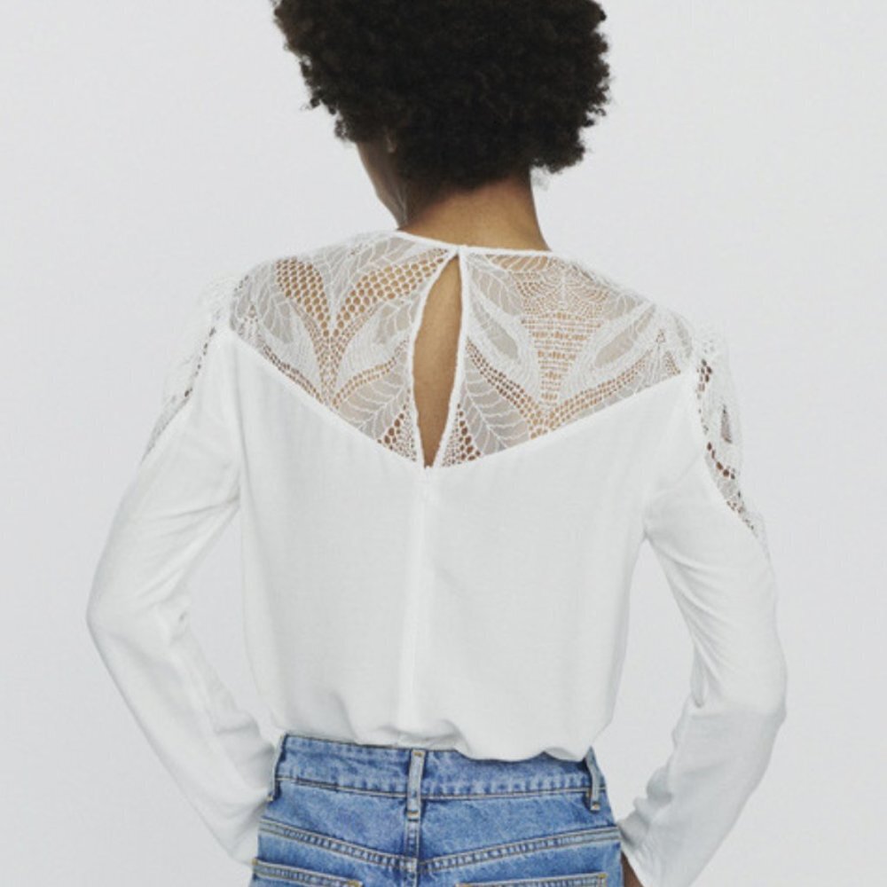 Maje Paris Leana Lace Insert Long Sleeve Off-White Silk Shirt - Picture 2 of 10